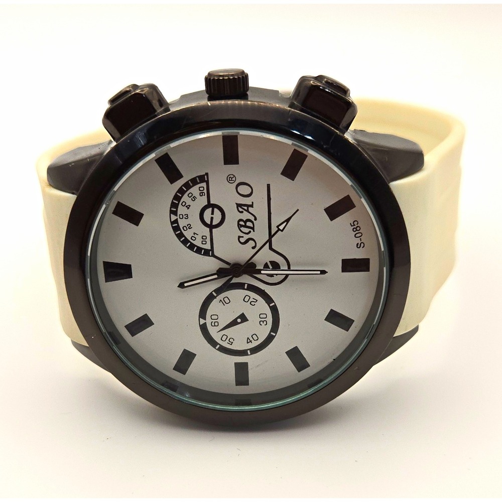 SBAO S-085 Analog Quartz 52mm Watch W/White Dial, White Rubber Strap, Black Case